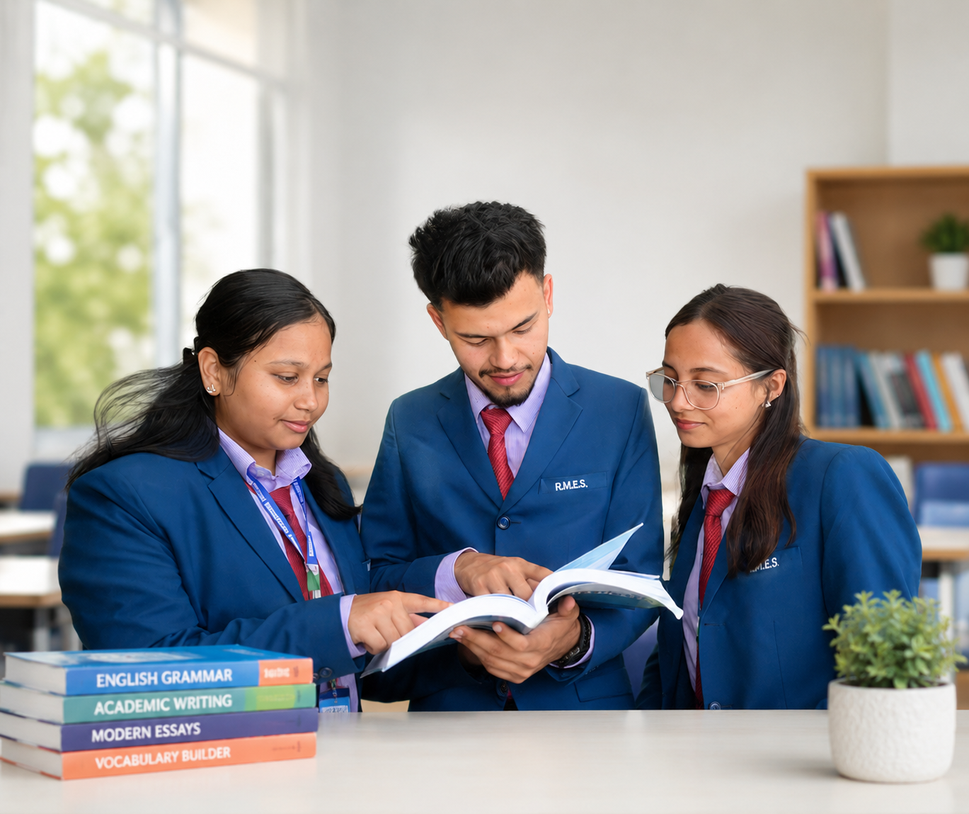 A focused group of diverse students collaborating in a bright, modern library setting.