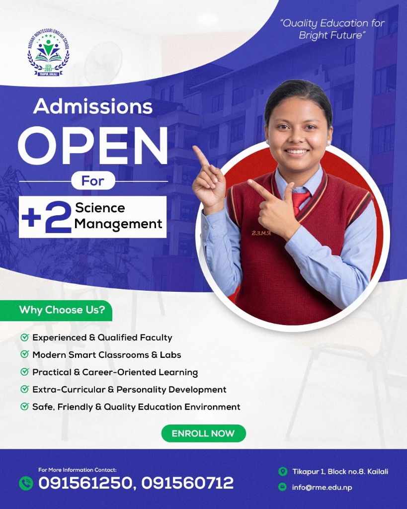 Admissions Open for +2 Science and Management - Why Choose Us? Experienced Faculty, Smart Classrooms, Practical Learning